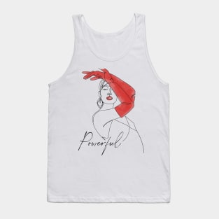 Fashion illustration of a woman with red gloves and the word powerful Tank Top